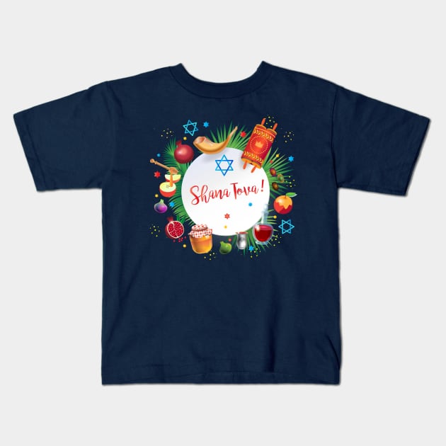 Happy Rosh Hashanah - Shana Tova! Autumn New Year Jewish Holiday Paty. Honey and Apple, Pomegranate, Shofar, Star of David, traditional symbols, torah, shofar, pomegranates, star of David, tropical palm tree leaves. Navy Blue Decoration Kids T-Shirt by sofiartmedia